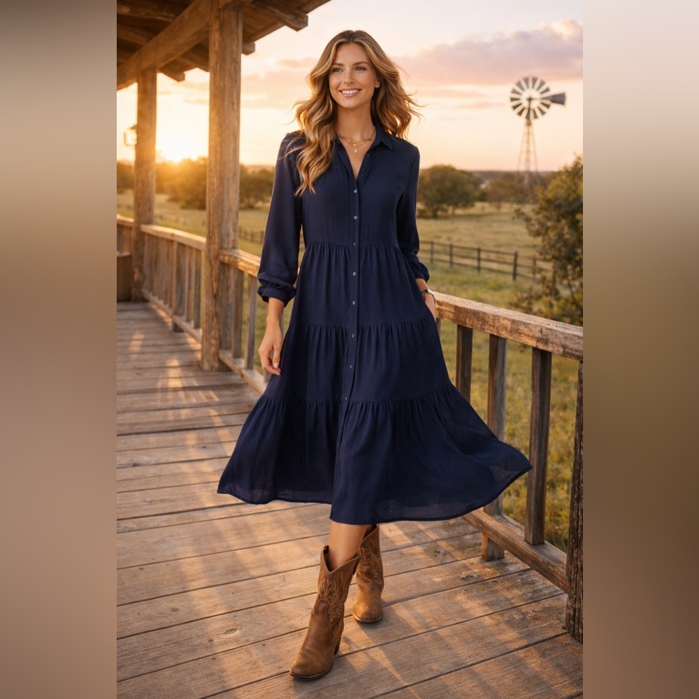 Women’s Navy Midi Shirt Dress - Classic Tiered Design